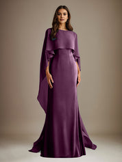 Robe de mère de la mariée en mousseline, coupe fourreau/colonne, col bateau, longueur ras du sol, avec volants en cascade 