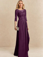 A-line Scoop Illusion Floor-Length Chiffon Lace Mother of the Bride Dress With Beading Sequins Cascading Ruffles