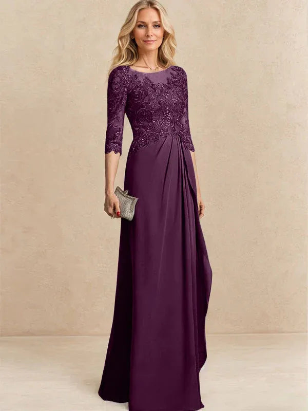 Robe de mère de la mariée trapèze en mousseline de soie et dentelle, longueur au sol, avec perles, paillettes et volants en cascade 