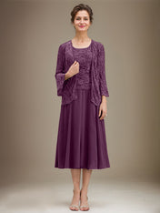 A-line Scoop Tea-Length Lace Chiffon Mother of the Bride Dress With Sequins