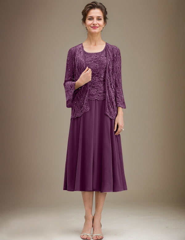 A-line Scoop Tea-Length Lace Chiffon Mother of the Bride Dress With Sequins