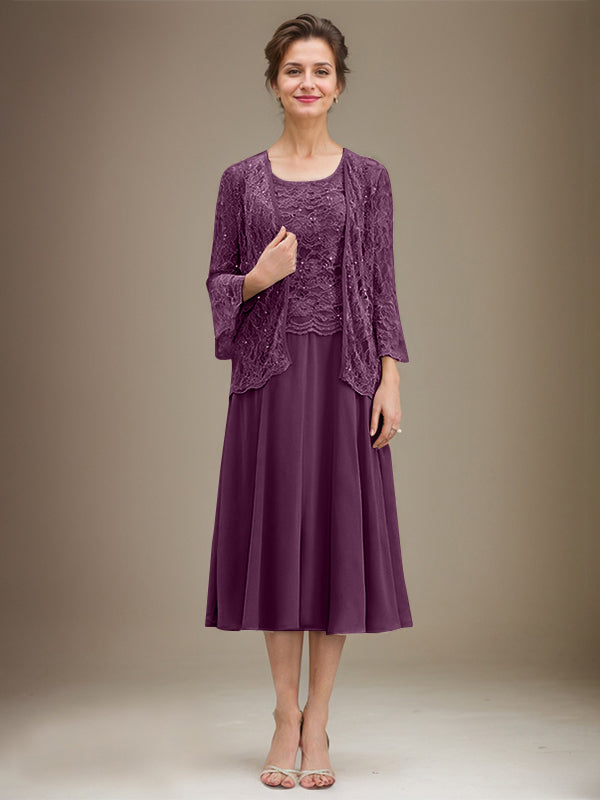 A-line Scoop Tea-Length Lace Chiffon Mother of the Bride Dress With Sequins