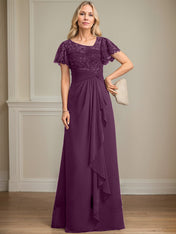 A-line Asymmetrical Illusion Floor-Length Lace Chiffon Mother of the Bride Dress With Cascading Ruffles Sequins