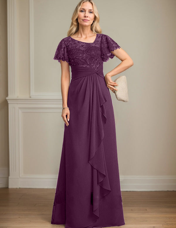 A-line Asymmetrical Illusion Floor-Length Lace Chiffon Mother of the Bride Dress With Cascading Ruffles Sequins