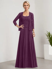 Robe de mère de la mariée trapèze carrée, longueur au sol, en mousseline de soie et dentelle, avec paillettes 