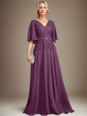 A-line V-Neck Floor-Length Chiffon Lace Mother of the Bride Dress With Crystal Brooch Rhinestone