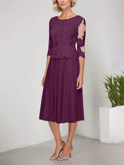 A-line Scoop Tea-Length Lace Chiffon Mother of the Bride Dress With Embroidery