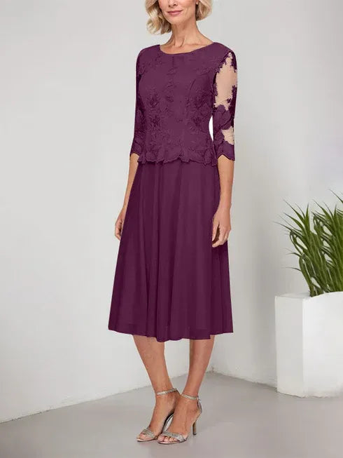 A-line Scoop Tea-Length Lace Chiffon Mother of the Bride Dress With Embroidery
