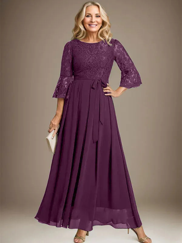 Robe de mère de la mariée trapèze en mousseline de soie et dentelle, longueur cheville, avec nœud