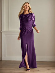 Robe fourreau en crêpe extensible prune pour mère de la mariée 