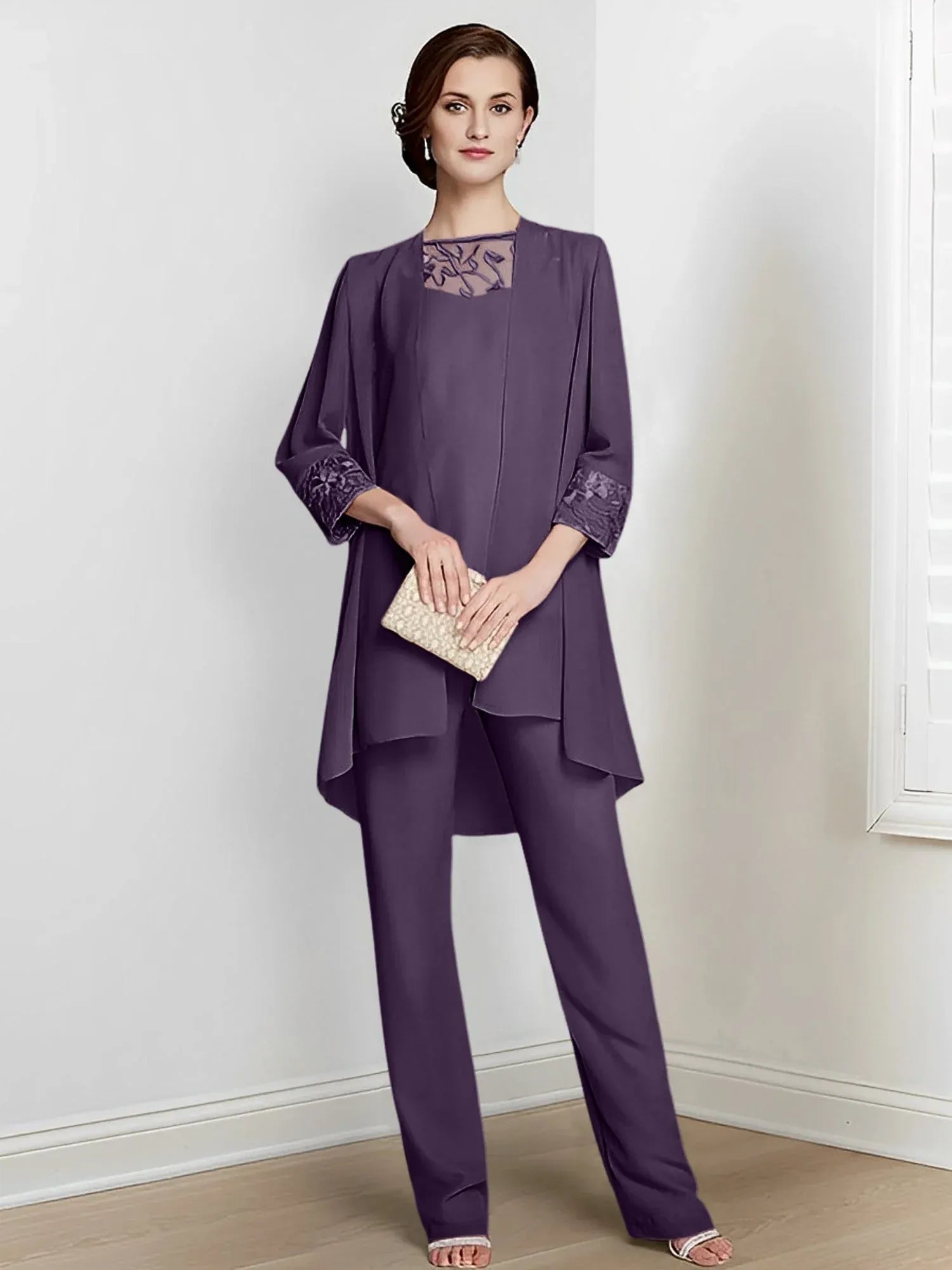 Tailleur-pantalon en mousseline à manches longues pour mère de la mariée avec veste 