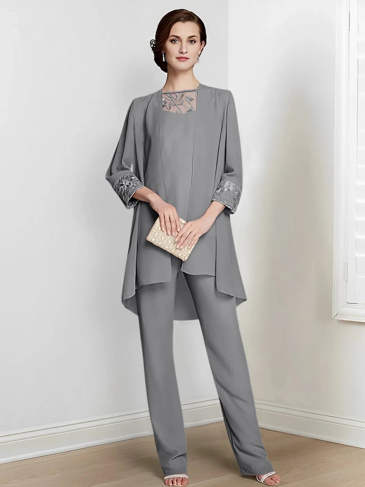 Tailleur-pantalon en mousseline à manches longues pour mère de la mariée avec veste 