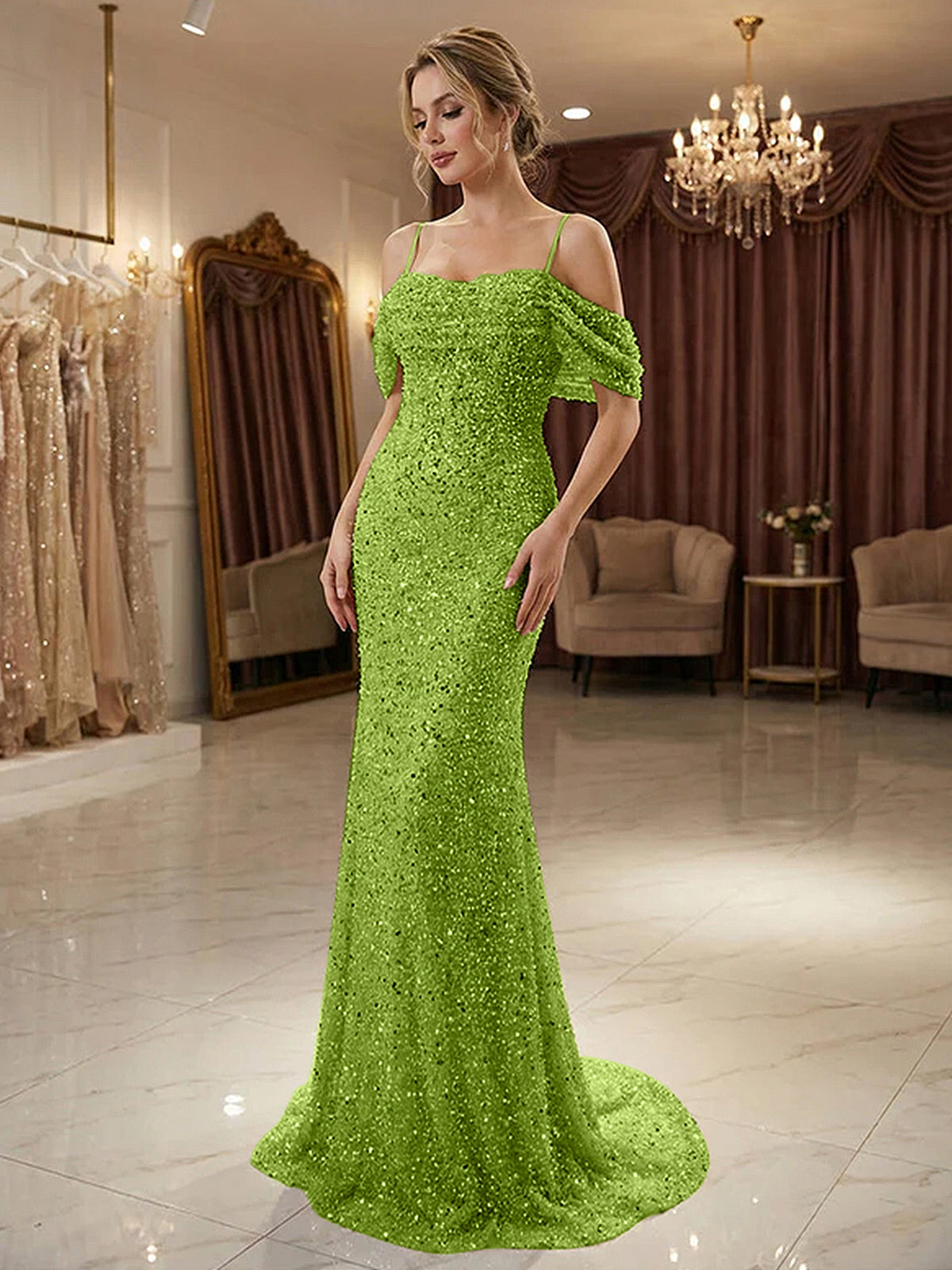 Sparkly Champagne Beaded Off-the-Shoulder Mermaid Long Prom Dress