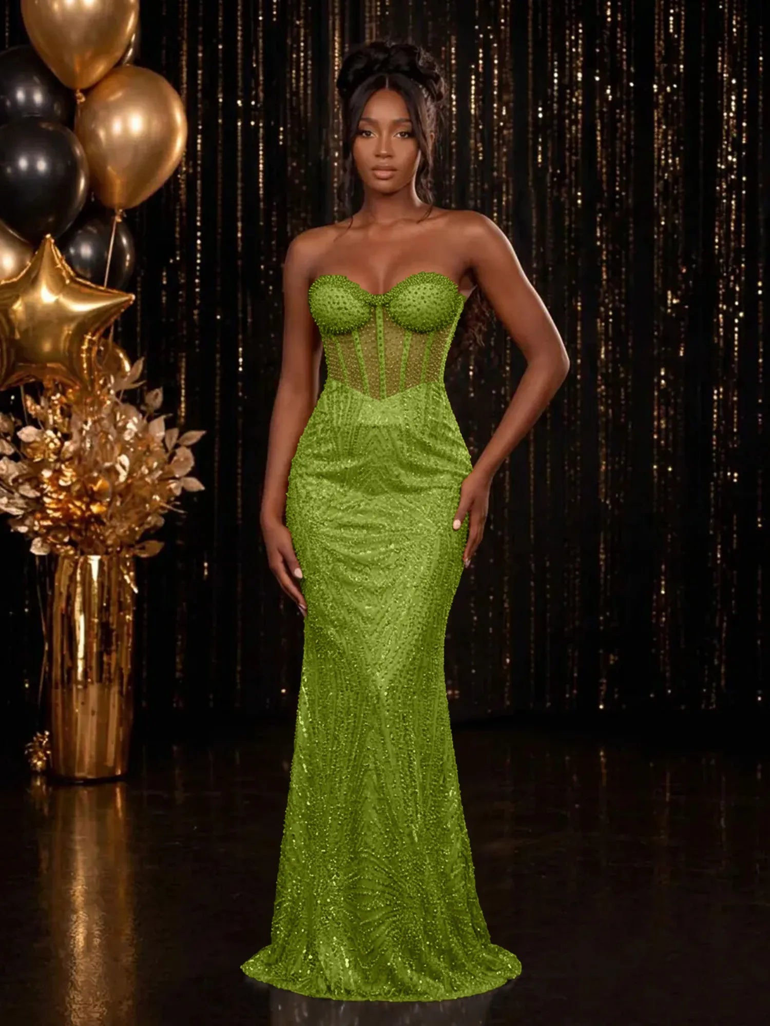 Strapless Sequin-Accented Mermaid Prom Dress with High Slit