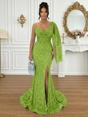 Glamorous Ice Blue One-Shoulder Sequin Corset Mermaid Prom Dresses with Slit