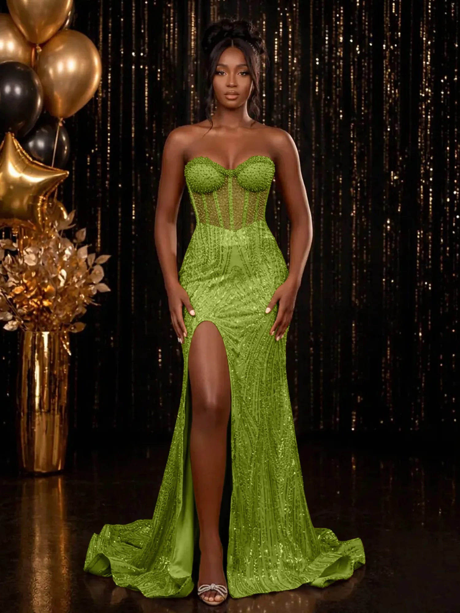 Strapless Sequin-Embellished Mermaid Prom Dress
