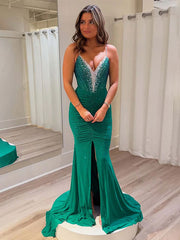 Green Mermaid Strapless Beaded Long Prom Dress with Slit