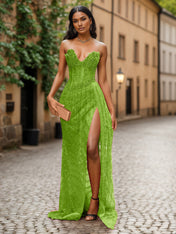 Red Strapless Beaded Fringe Waist Sequin Prom Dress with High Slit
