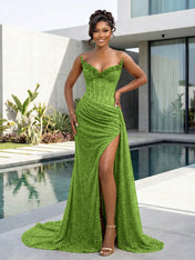 Gold Strapless Pearl-Embellished Corset Prom Dress with Slit