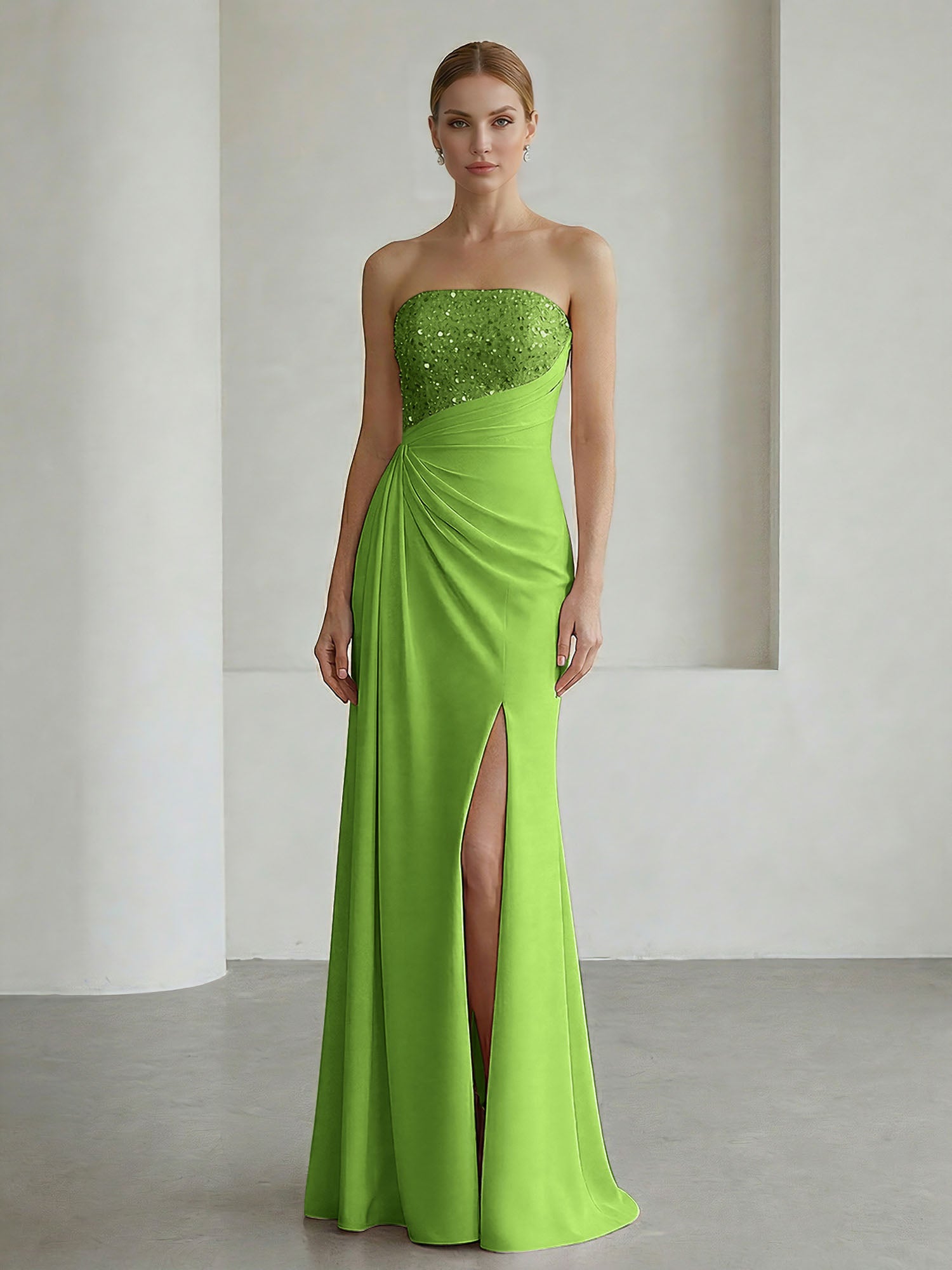 Glamorous Formal Evening Dress Soft Blush Beaded Strapless Slit Gown