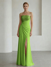 Glamorous Formal Evening Dress Soft Blush Beaded Strapless Slit Gown