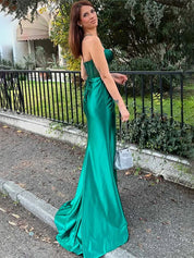 Green Mermaid Spaghetti Straps Pleated Satin Long Prom Dress with Slit
