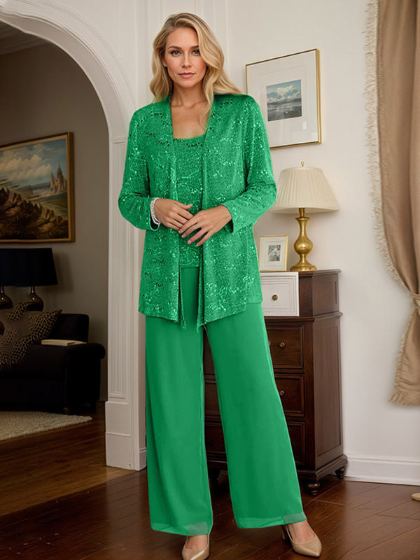 Chiffon Mother of the Bride Pantsuits with Jacket & Sequins