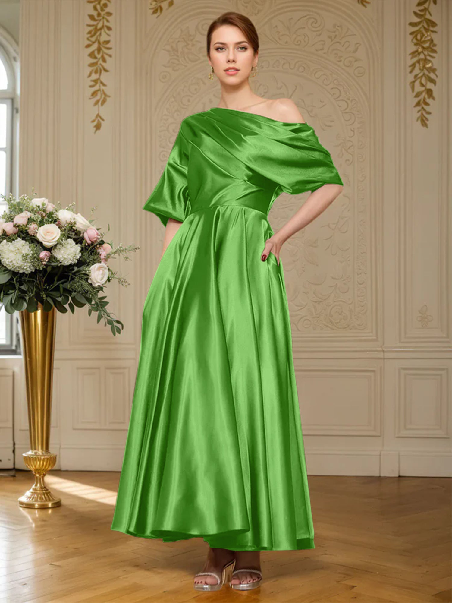 A-line Short Sleeves Pleated Ankle-Length Silk like Satin Mother of the Bride Dress