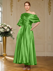 A-line Short Sleeves Pleated Ankle-Length Silk like Satin Mother of the Bride Dress
