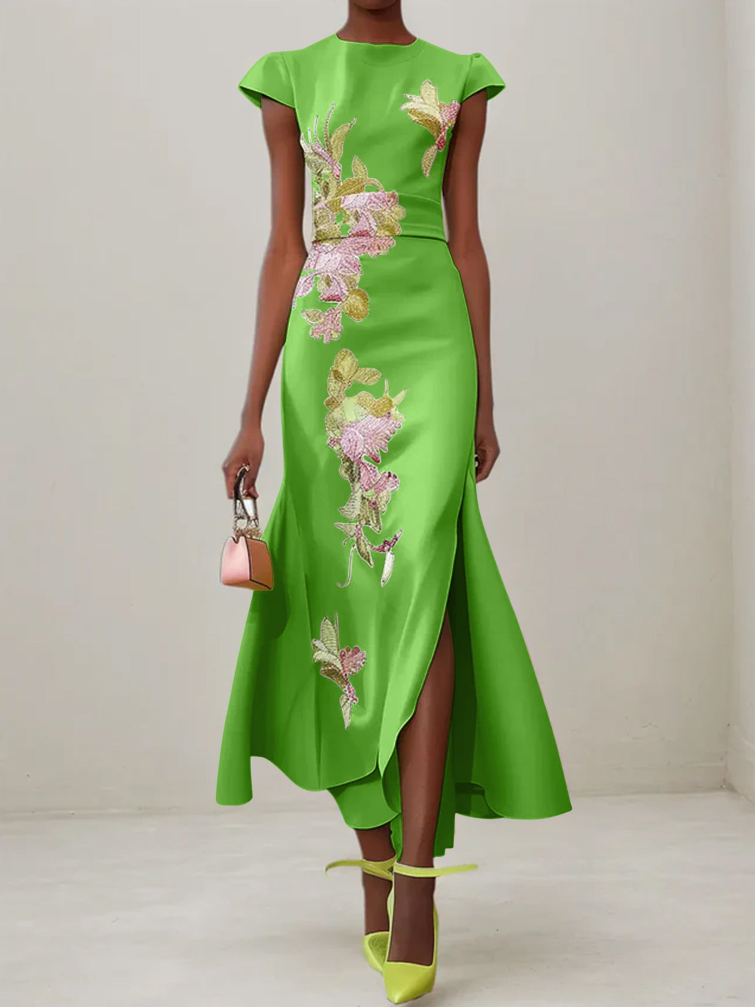 Green Floral Embroidered Cap Sleeve Slit Sheath Maxi Dress