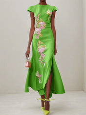 Green Floral Embroidered Cap Sleeve Slit Sheath Maxi Dress