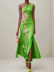 Green Floral One Shoulder Embroidered Cap Sleeve Slit Sheath Maxi Dress
