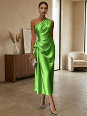 Champagne Ruched Satin One Shoulder Sleeveless Sheath Midi Dress