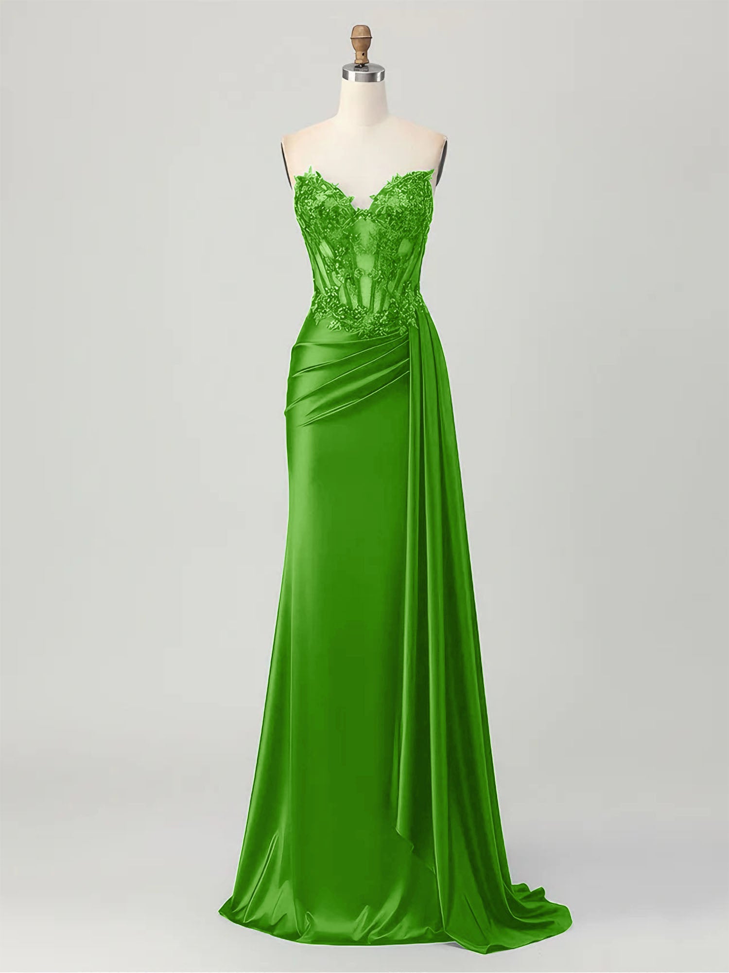 Strapless Illusion Bodice Prom Dress with Satin Skirt