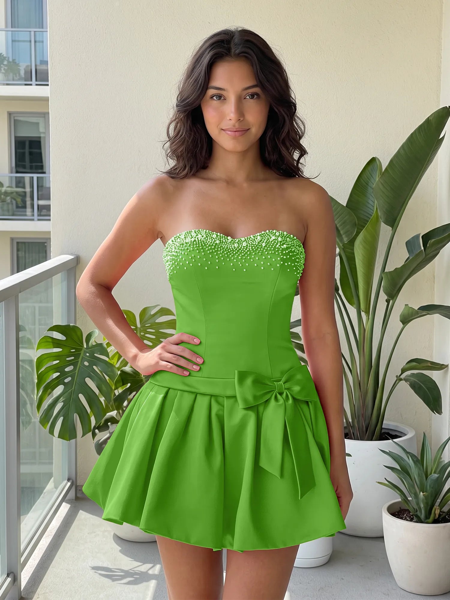 Fuchsia Pearl Corset Short Homecoming Dresses Large Waist Bow Lace Up Back