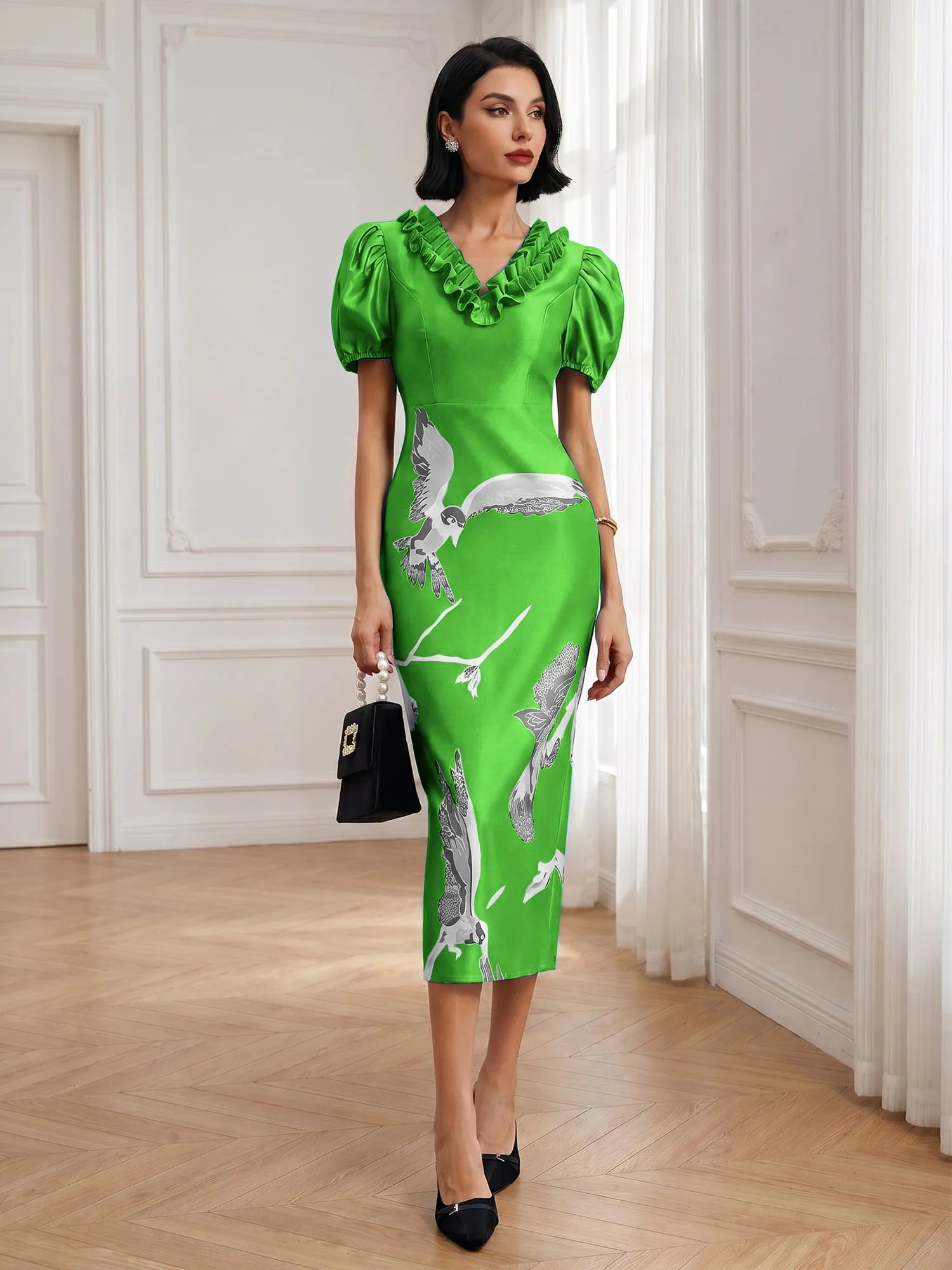 Black Folds V Neck Puff Sleeve Midi Sheath Dress