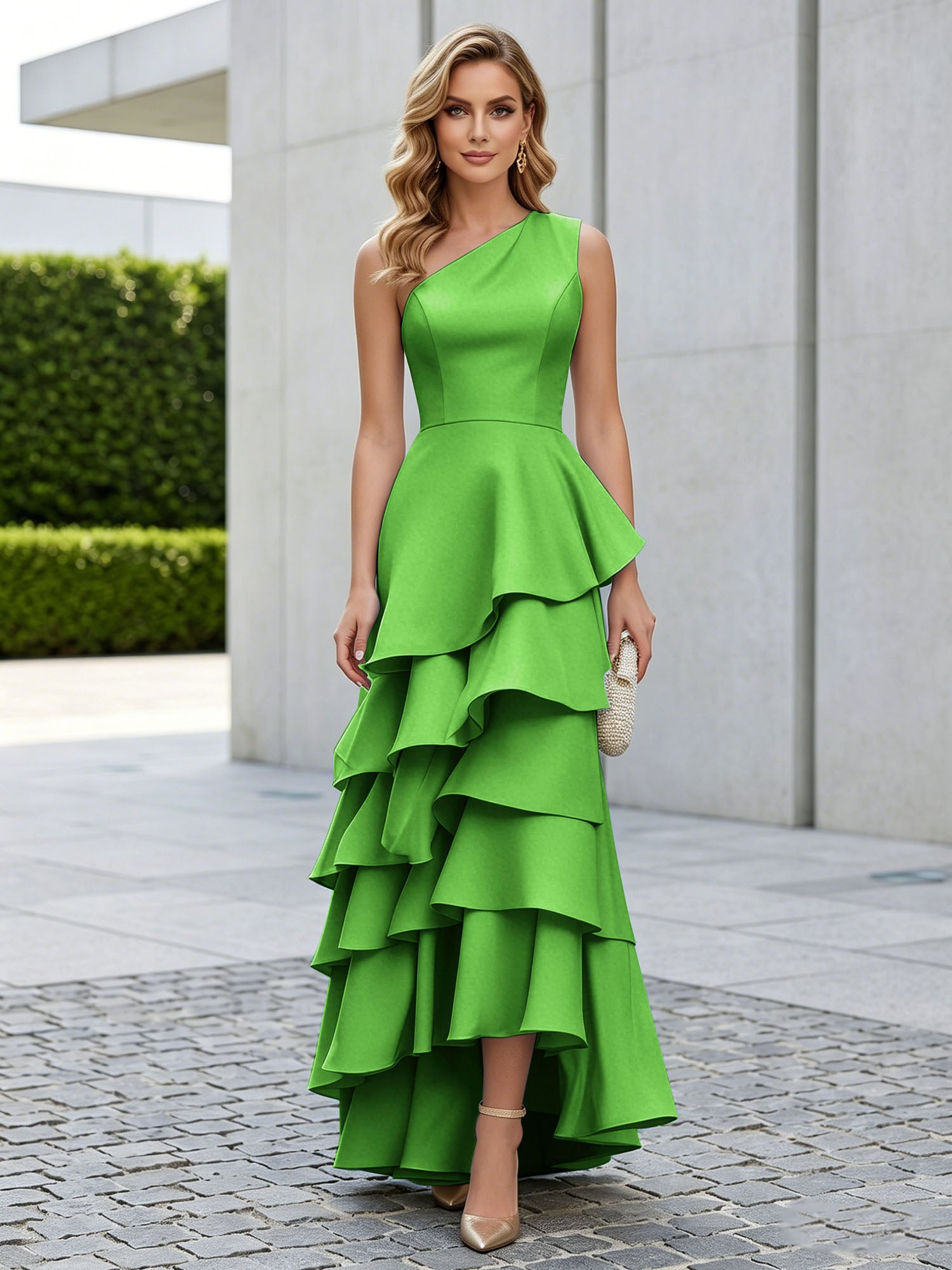 One Shoulder Tiered Ruffle Satin Mermaid Evening Gown with Sculptural Layers