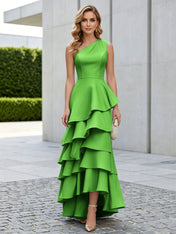 One Shoulder Tiered Ruffle Satin Mermaid Evening Gown with Sculptural Layers