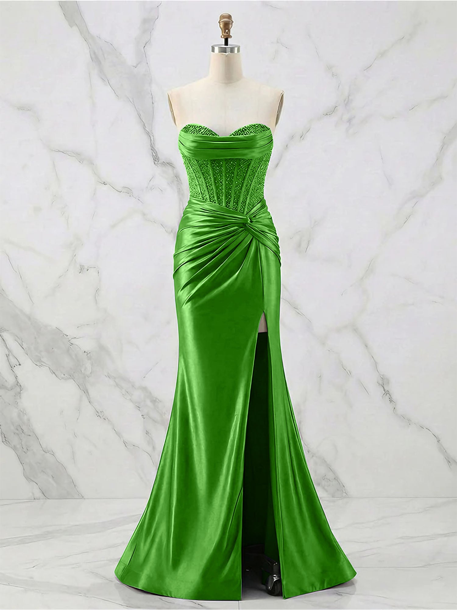 Glamorous Strapless Beaded Corset Satin Prom Dress with Slit