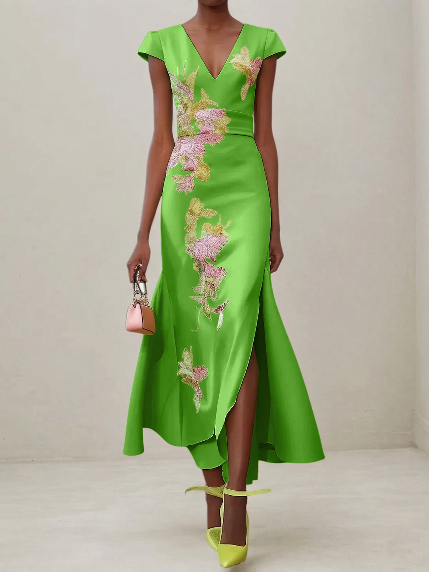 Green Floral V Neck Embroidered Cap Sleeve Slit Sheath Maxi Dress