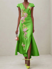 Green Floral V Neck Embroidered Cap Sleeve Slit Sheath Maxi Dress