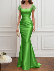 Mother of the Bride Dress Champagne Satin Square Neck Maxi Dress