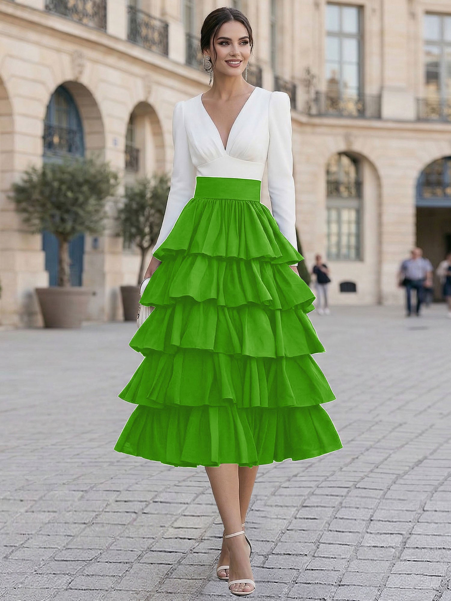 Chic Formal Evening Gown Monochrome V-Neck Tiered Ruffle Midi Dress