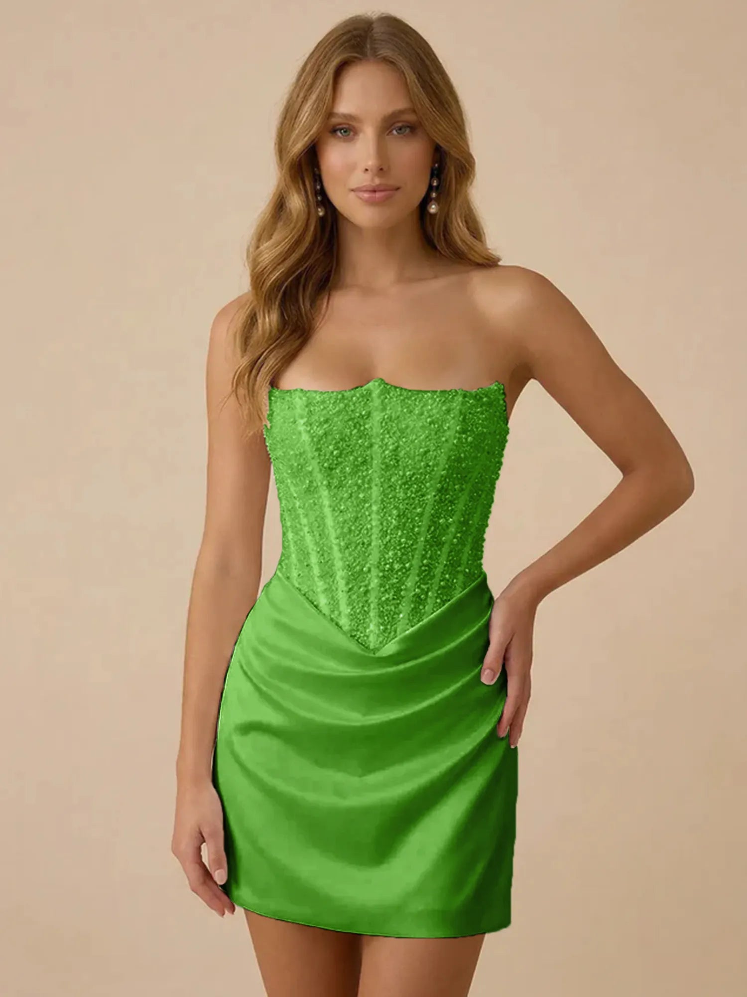 White Strapless Sequin Beaded Satin Short Homecoming Dress with Corset