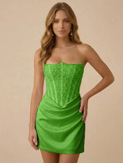 White Strapless Sequin Beaded Satin Short Homecoming Dress with Corset