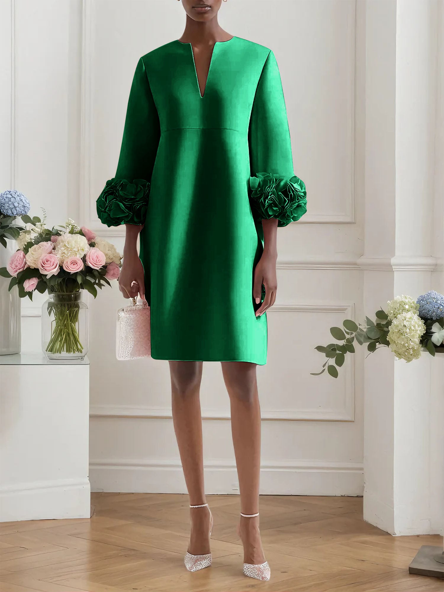 Pink 3D Floral Classic Notched Long Sleeve A-Line Midi Dress