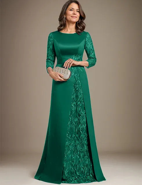 Robe de mère de la mariée en satin et dentelle, coupe trapèze, longueur au sol, avec appliques 