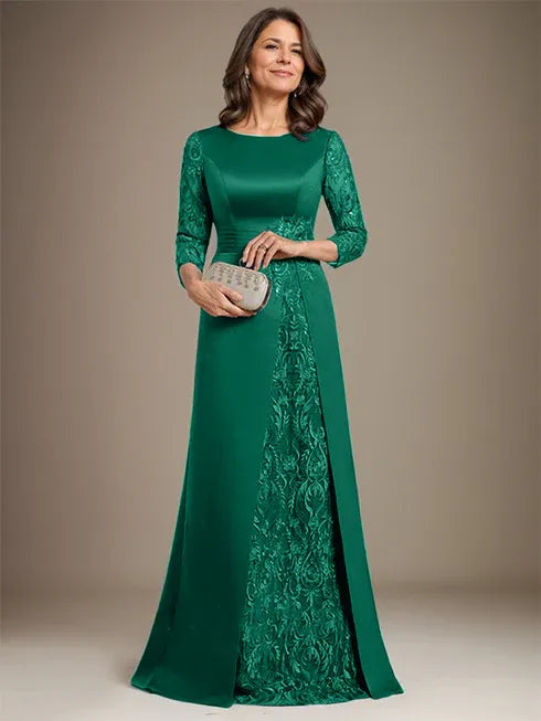 Robe de mère de la mariée en satin et dentelle, coupe trapèze, longueur au sol, avec appliques 