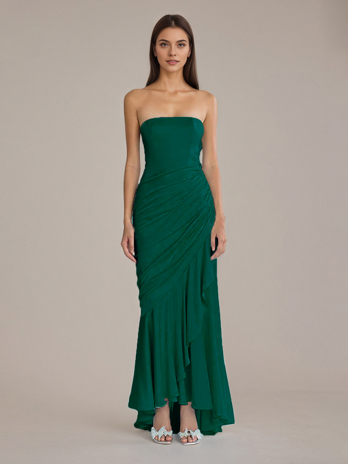 Column Satin Off The Shoulder Sleeveless Floor Length Dresses With Ruffles
