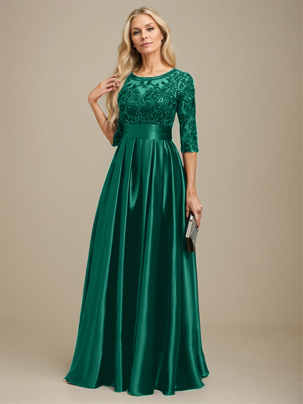 A-line Scoop Illusion Floor-Length Stretch Satin Lace Mother of the Bride Dress With Bow Sequins